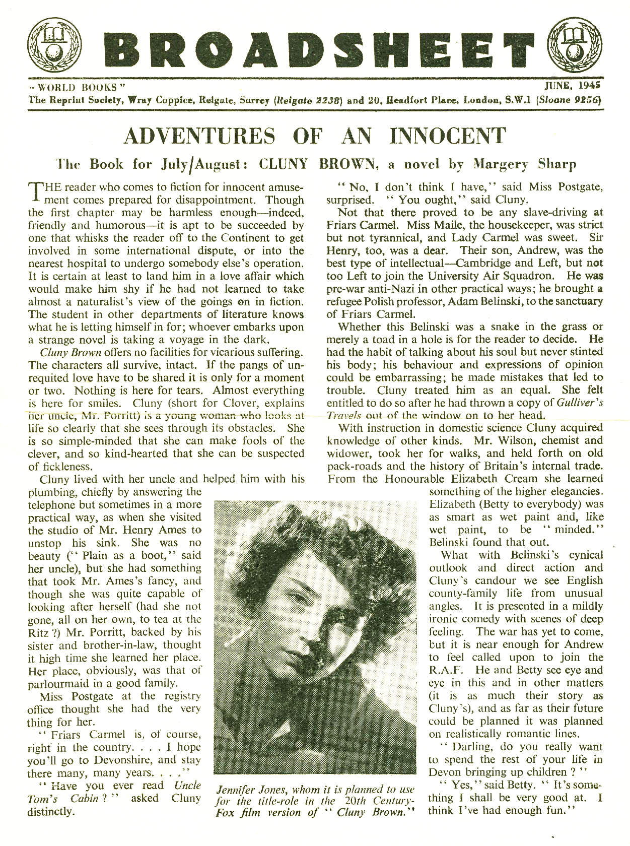 Broadsheet - Wray Coppice book reviews 1945